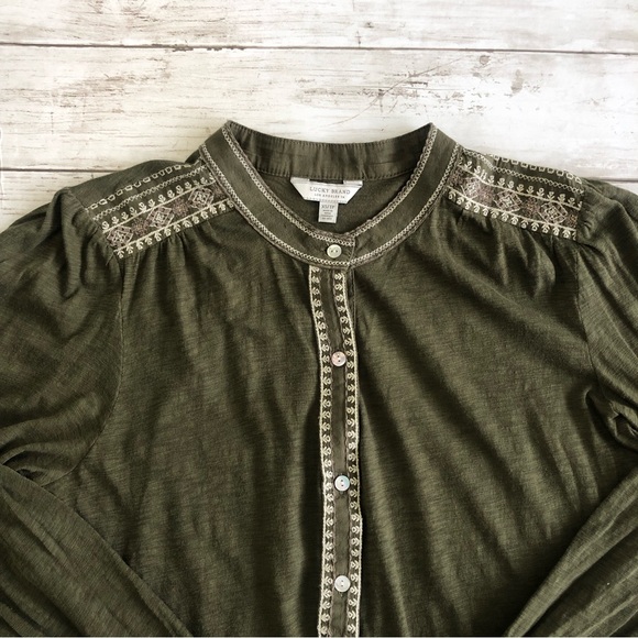 LUCKY BRAND Women Olive Green Embroidery Detail Long Sleeve Blouse Sz XS - Picture 3 of 13